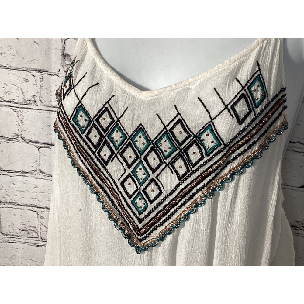 Billabong White Embroidered Gauze T-Back Cami Tank Top Bohemian Beaded Small